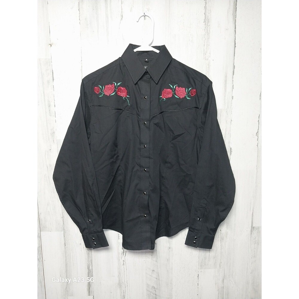 White Horse Women's Small Black Pearl Snap Shirt Embroidered Roses